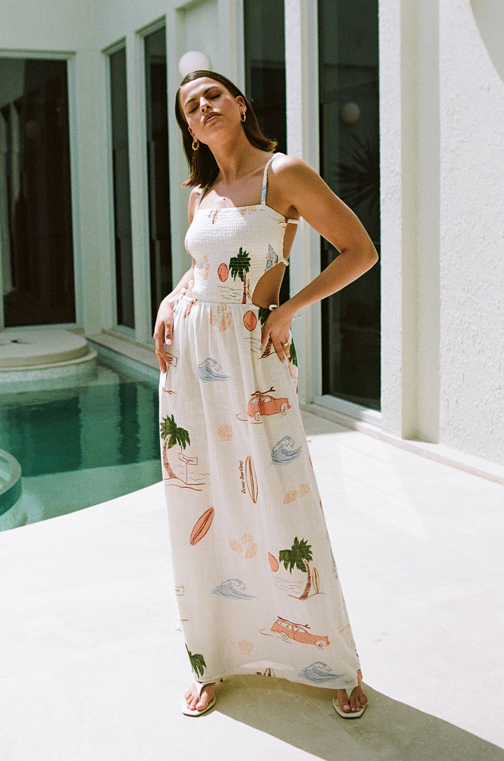 Exclusive Sabo Surf Print Backless Axelle Cotton Cheesecloth Dress