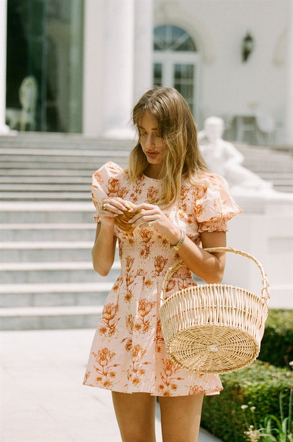 Classy Charlize Natural Cotton Shirred Dress with Floral Print