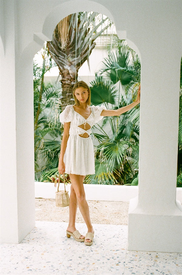 Exclusive Off-White Rizzo Cutout Dress with Puff Sleeves