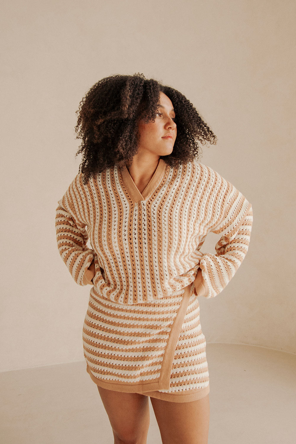 High - Quality Tan and White Striped Bryn Wrap Mini Skirt