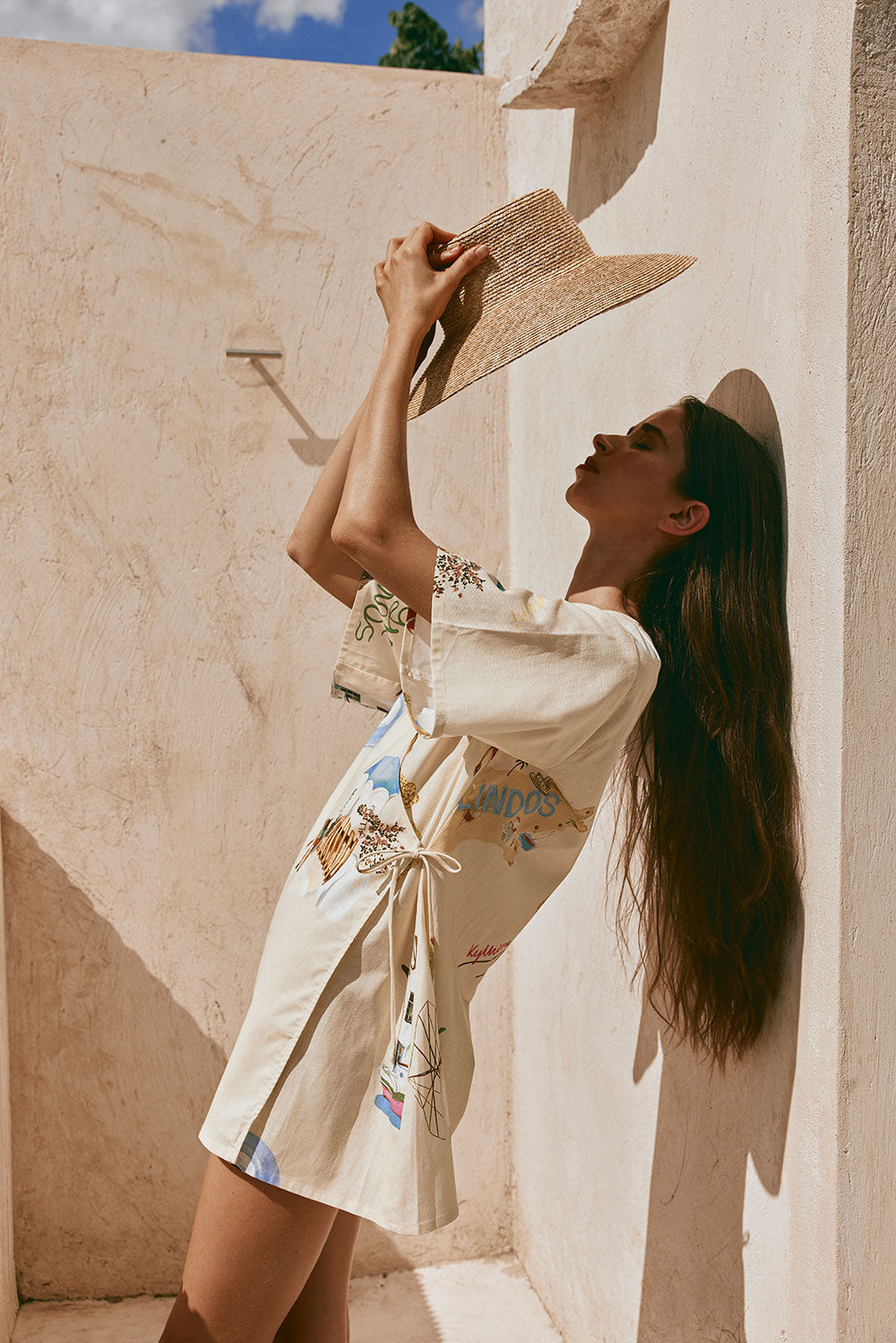High - Quality Linen Cotton Blend Evia Dress with Isles Of Greece Print