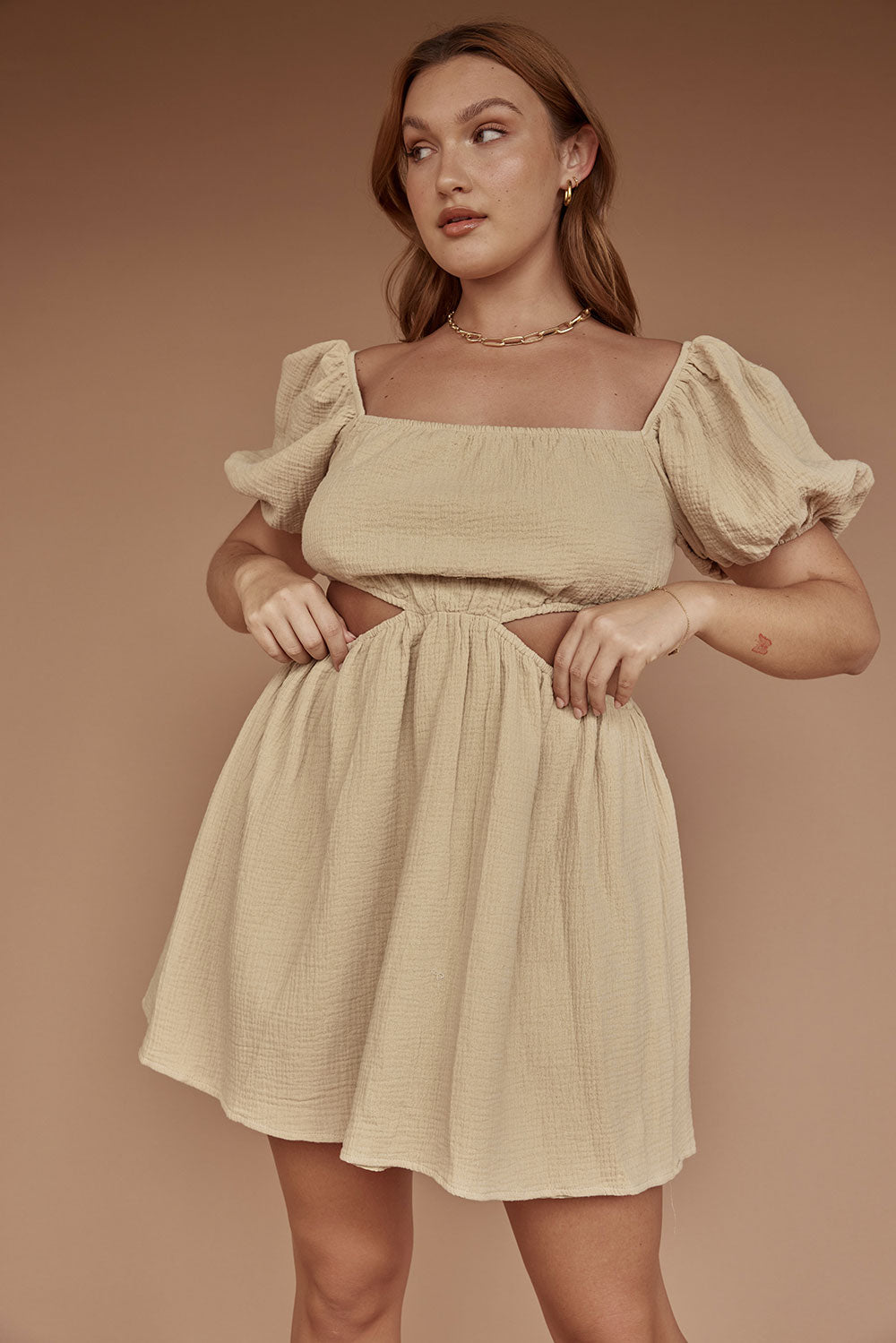 Exclusive Beige Natural Textured Cotton Amara Dress with Short Puff Sleeves
