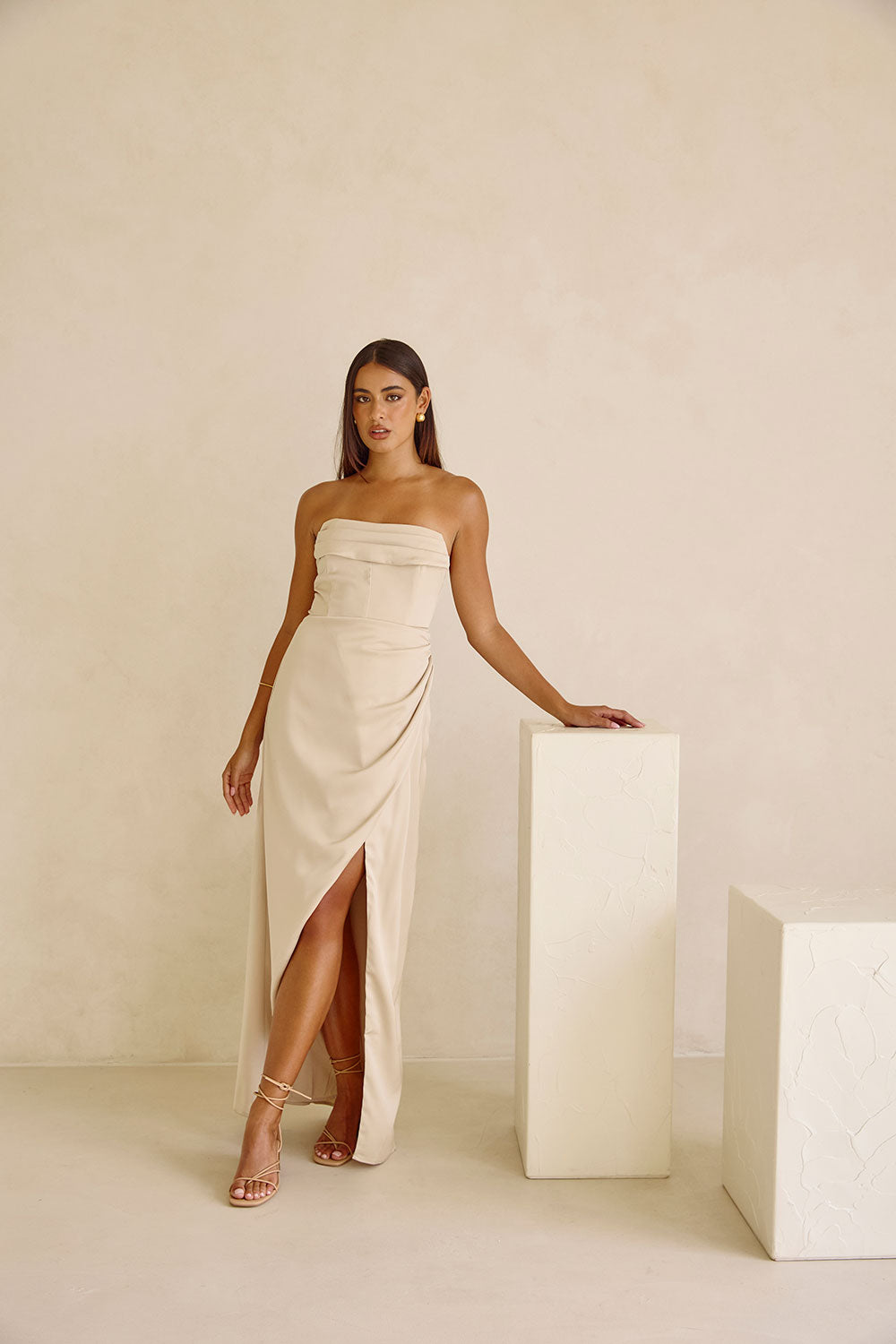 Exquisite Champagne Matte Silk Pela Midi Dress for Formal Events