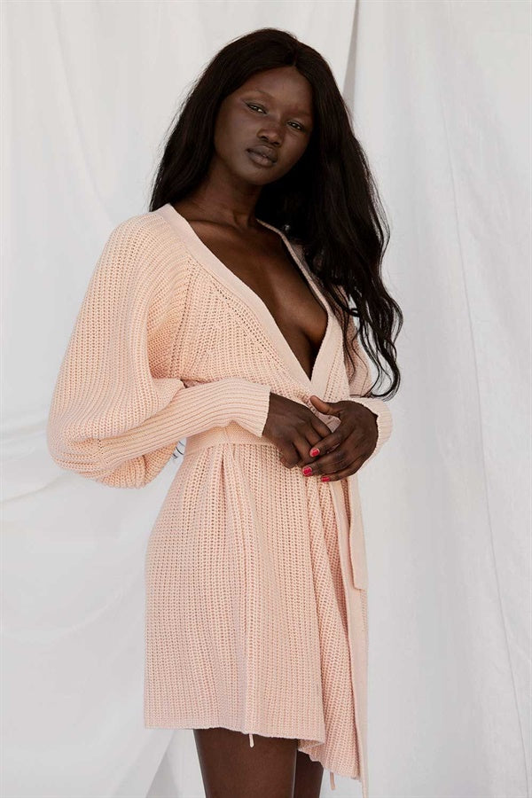 Blush Pink Vintage-Inspired Elle Wrap Knit Dress