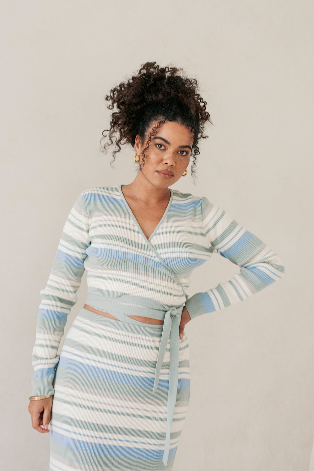 Exclusive Sabo Kaila Wrap Top in Blue, Dusty Sage and White Stripes