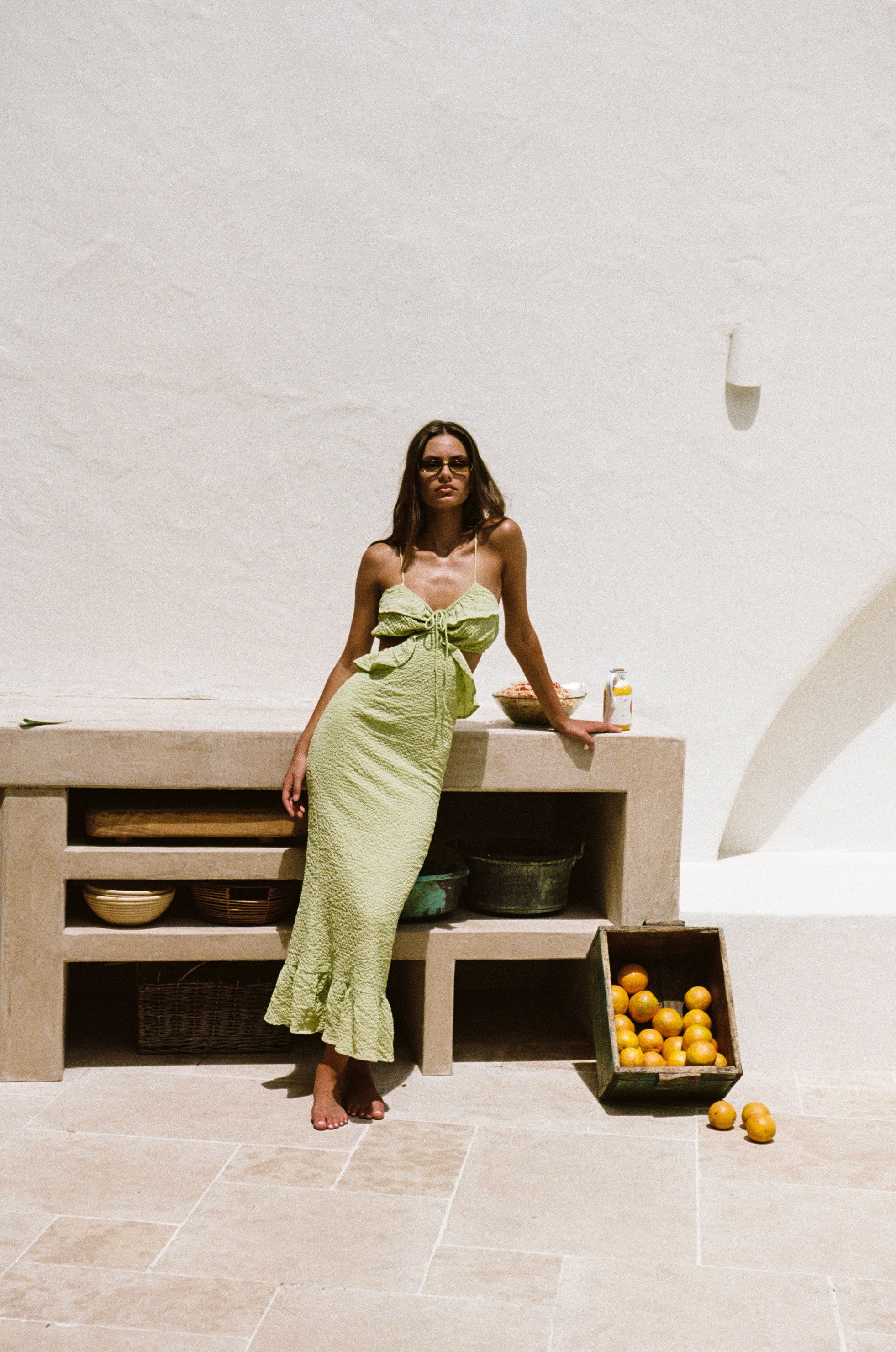 Stunning Green Textured Bubble Fabric Junelle Midi Dress with Frills