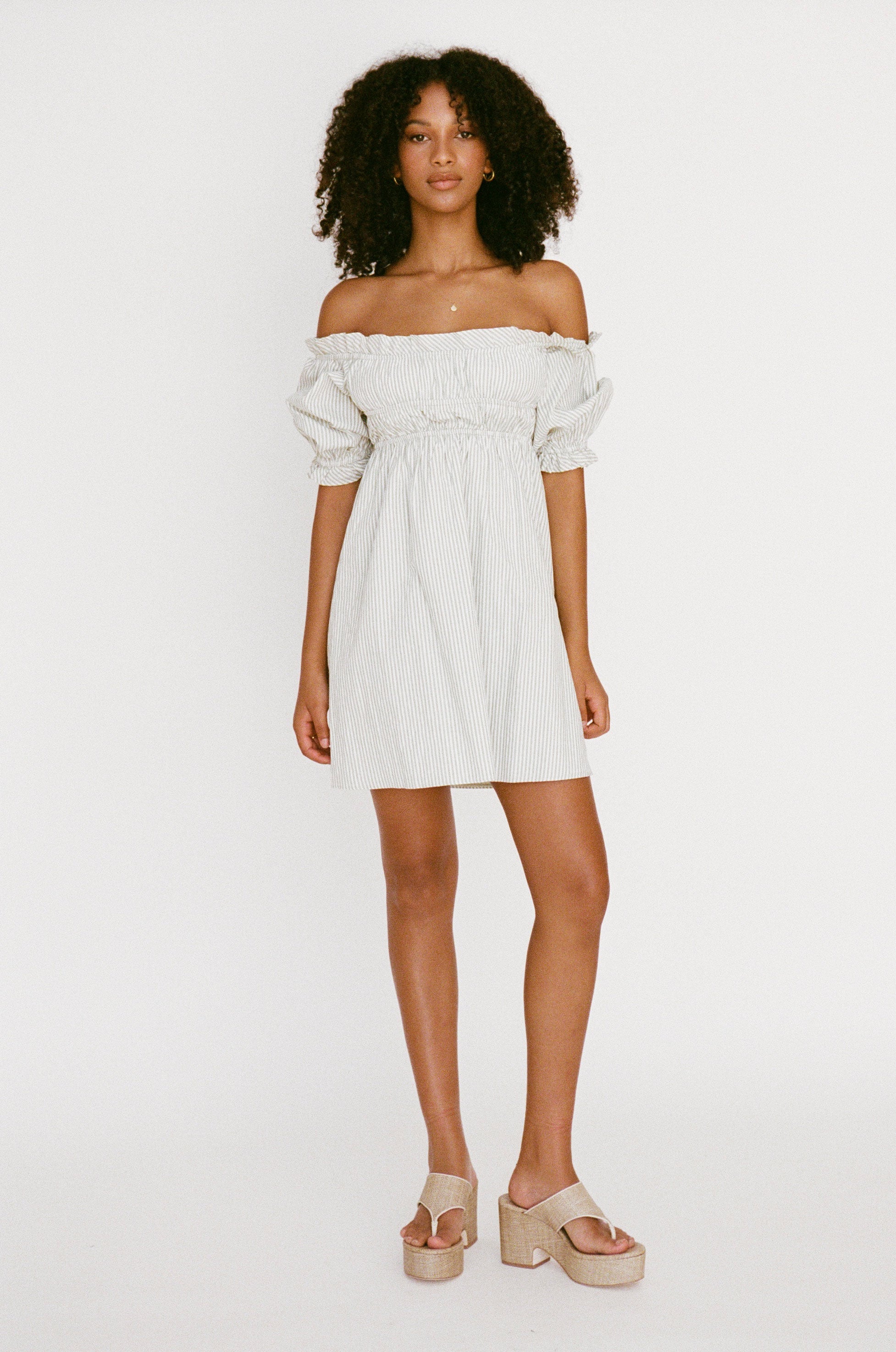 Elegant Blakely Off - Shoulder Dress with Sea Foam and White Stripes