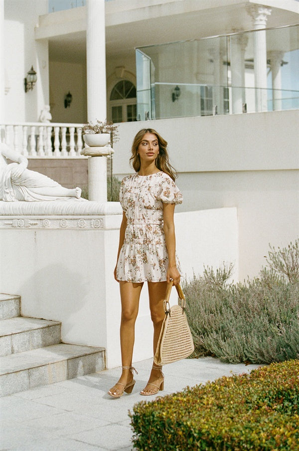 Exclusively Designed Beige Floral Print Isola Dress for Special Events