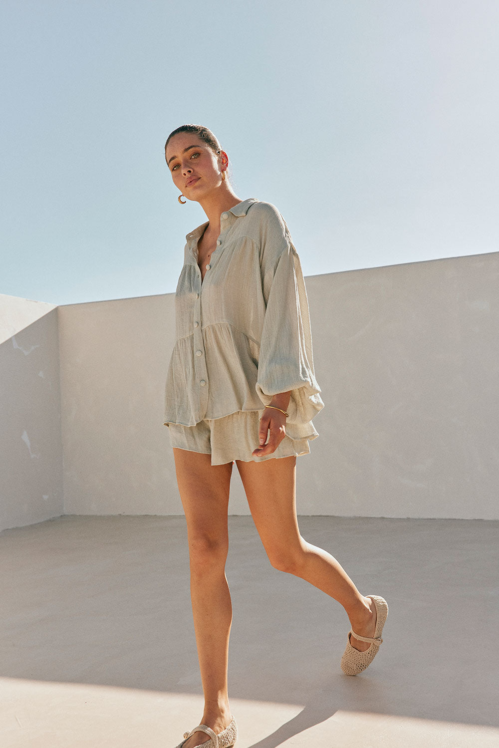 Soft Sage Lightweight Crepe Rayon Blend Huxley Top for Weekends