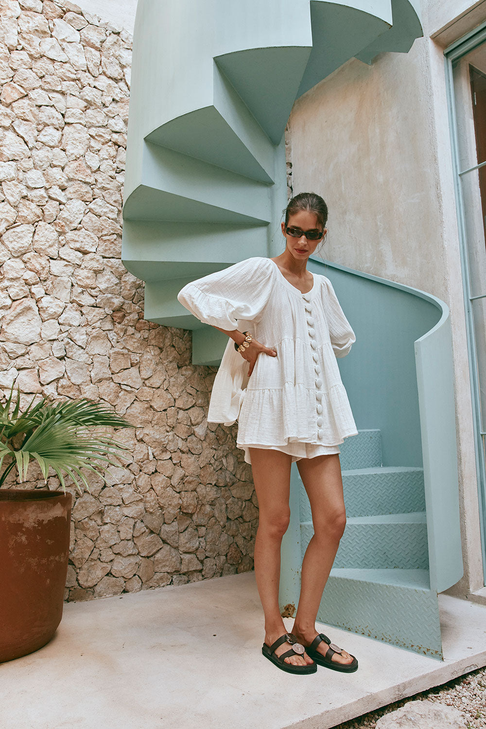 Exclusive White Natural Cheesecloth Cotton High-Waisted Novalie Shorts