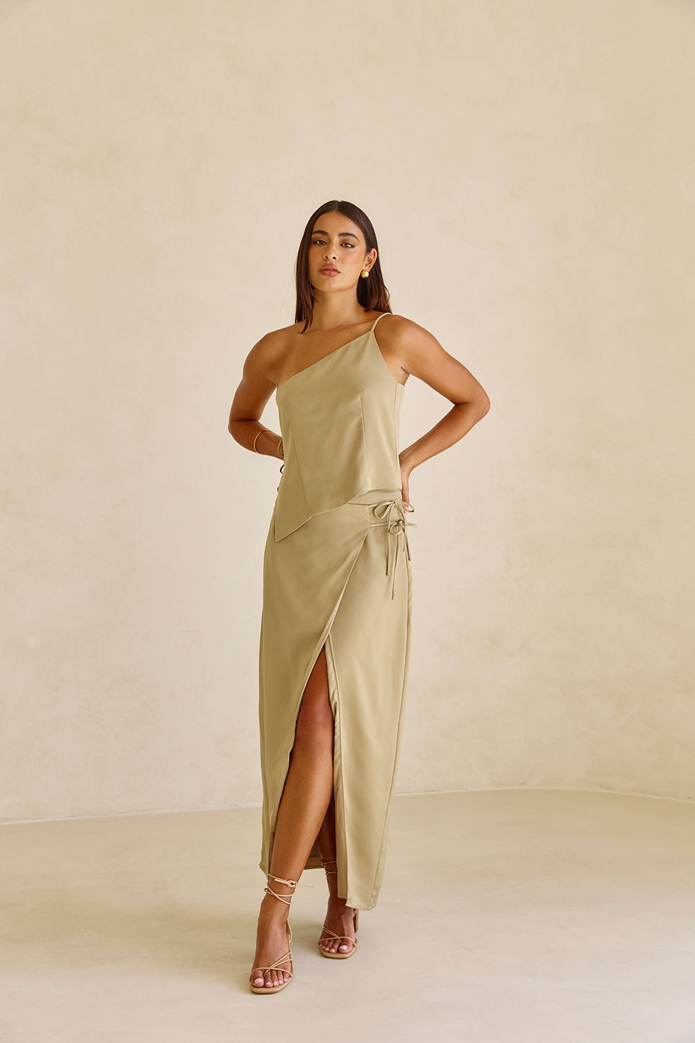 Dusty Olive Matte Silky Asymmetric Bria Top for Formal Wear