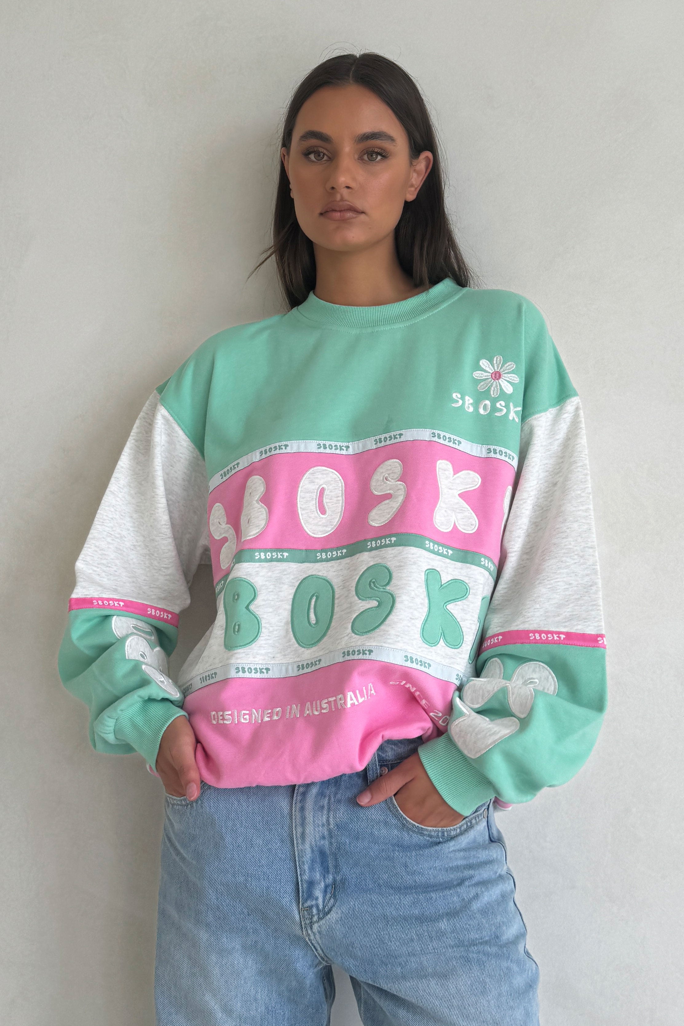 Exclusive Sabo-Designed Oversized Vintage Swisse Sweater in Marl Grey, Green & Pink
