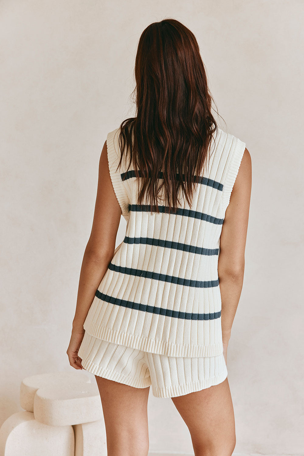 High - quality White with Navy Stripes Boxy Cotton Blend Rib Knit Depp Top