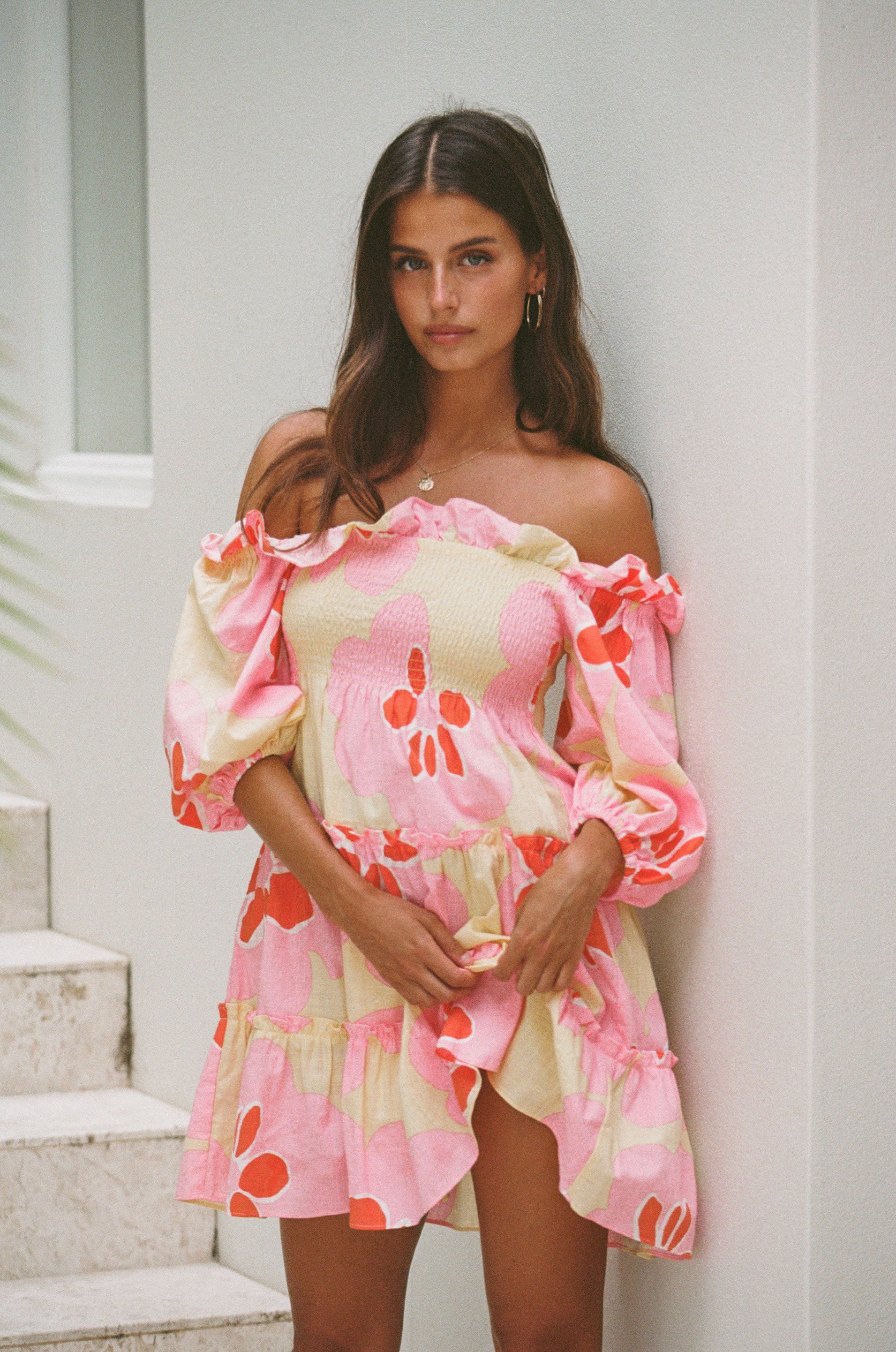 Exclusive Jaia Women's Off - Shoulder Mini Dress with Hana Yellow Print