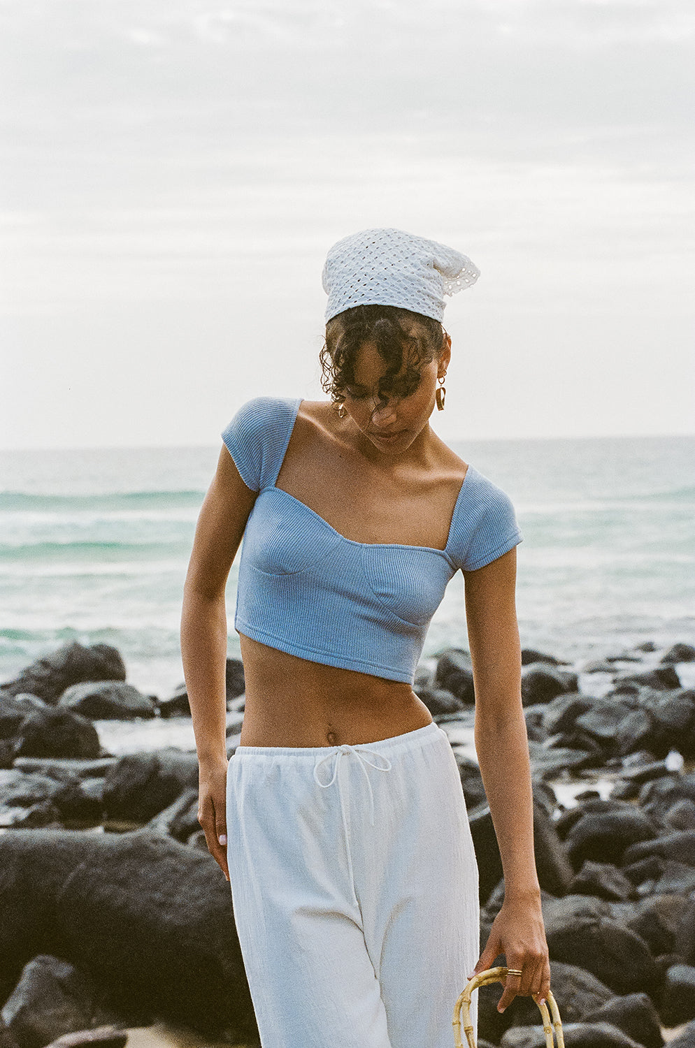 Soft Ribbed Blue Ocean Top with Cap Sleeves and Cropped Hem