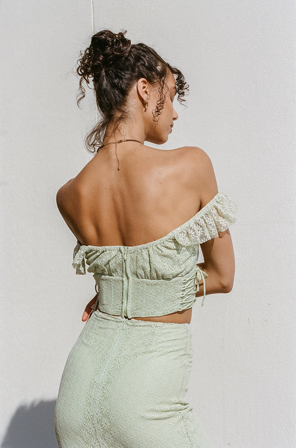 Exquisite Mint Hue Soft Lace Fabric Josa Lace Up Women's Top