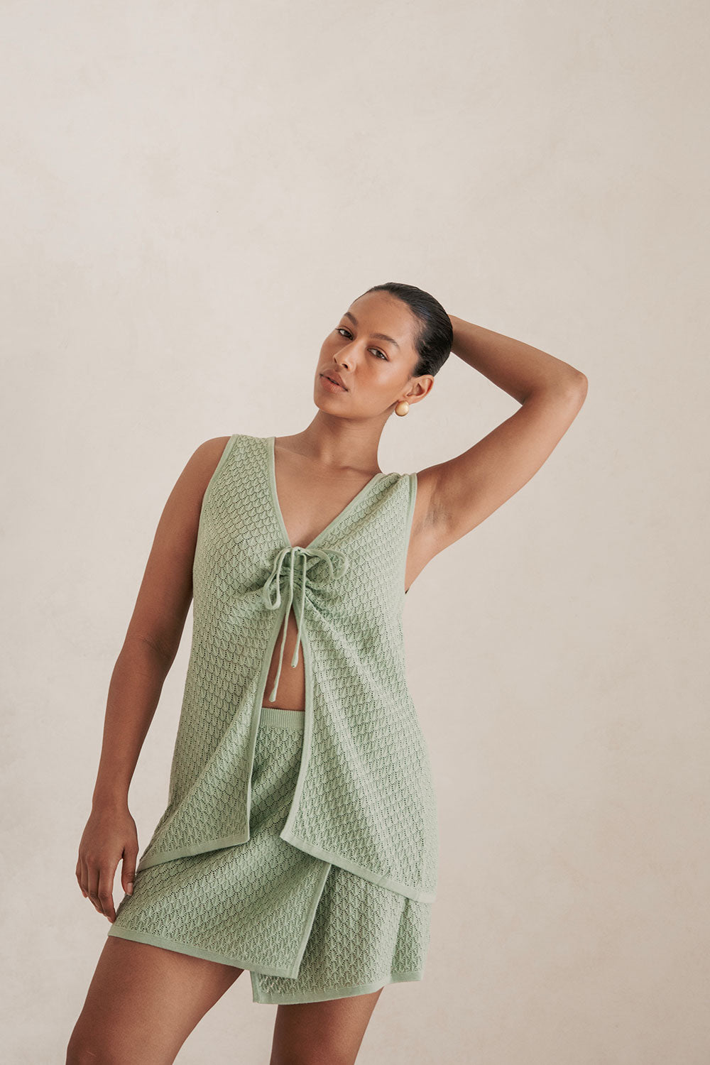 Stylish Sage Cotton Blend Pointelle Knit Allona Women's Top
