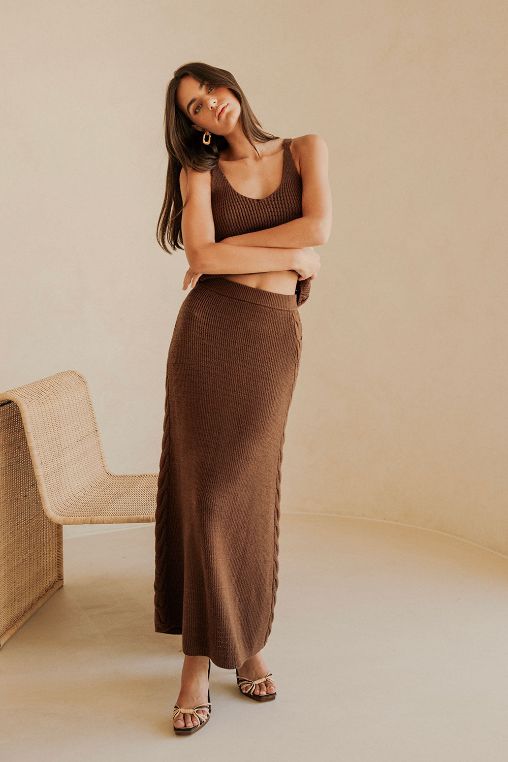 Chocolate Brown Light Knit Ellarose A-Line Maxi Skirt