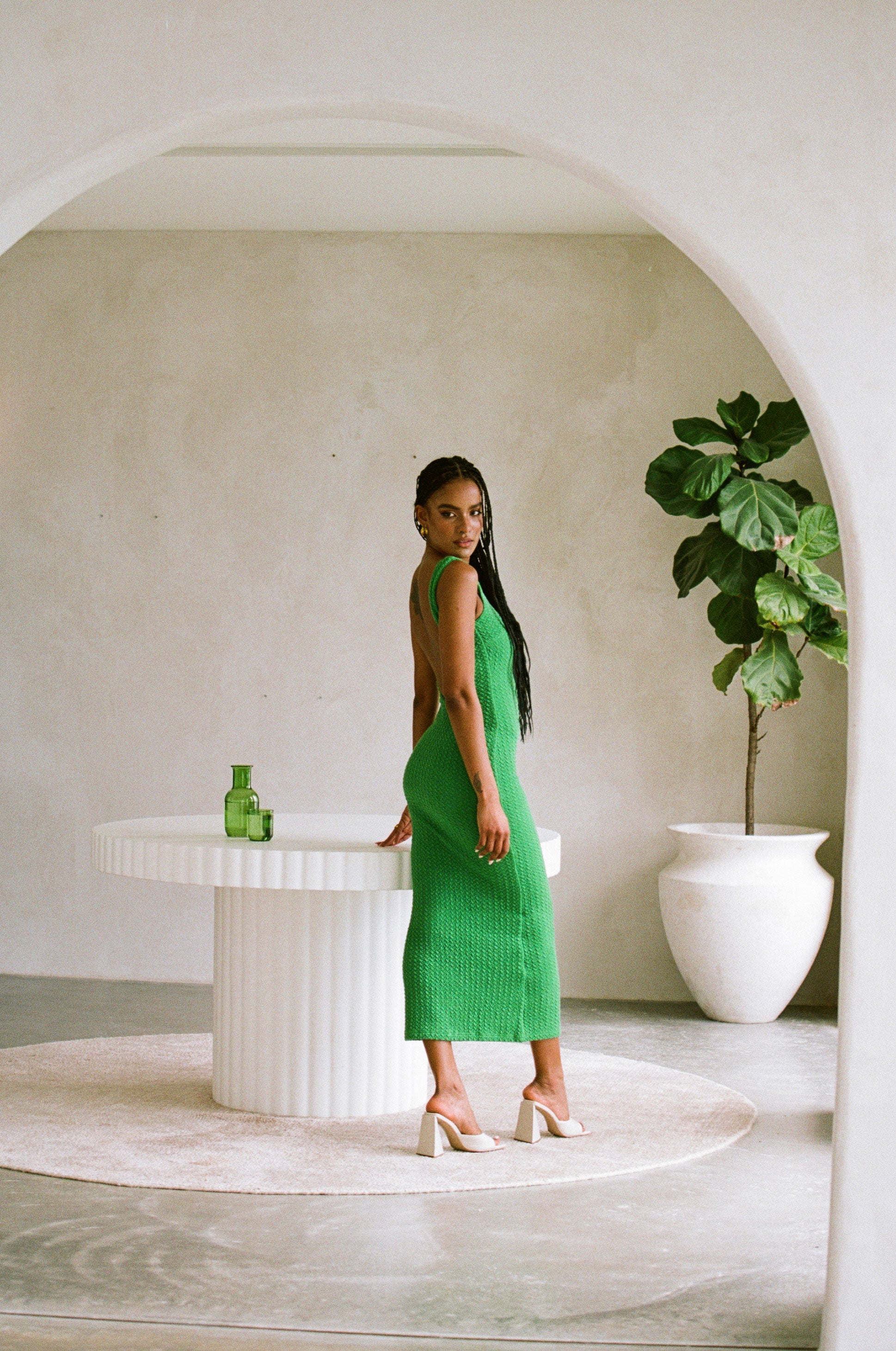 Exclusive Green Textured Woven Dina Backless Dress