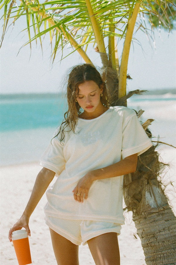 Soft Towelling Eda Top with White and Beige Piping