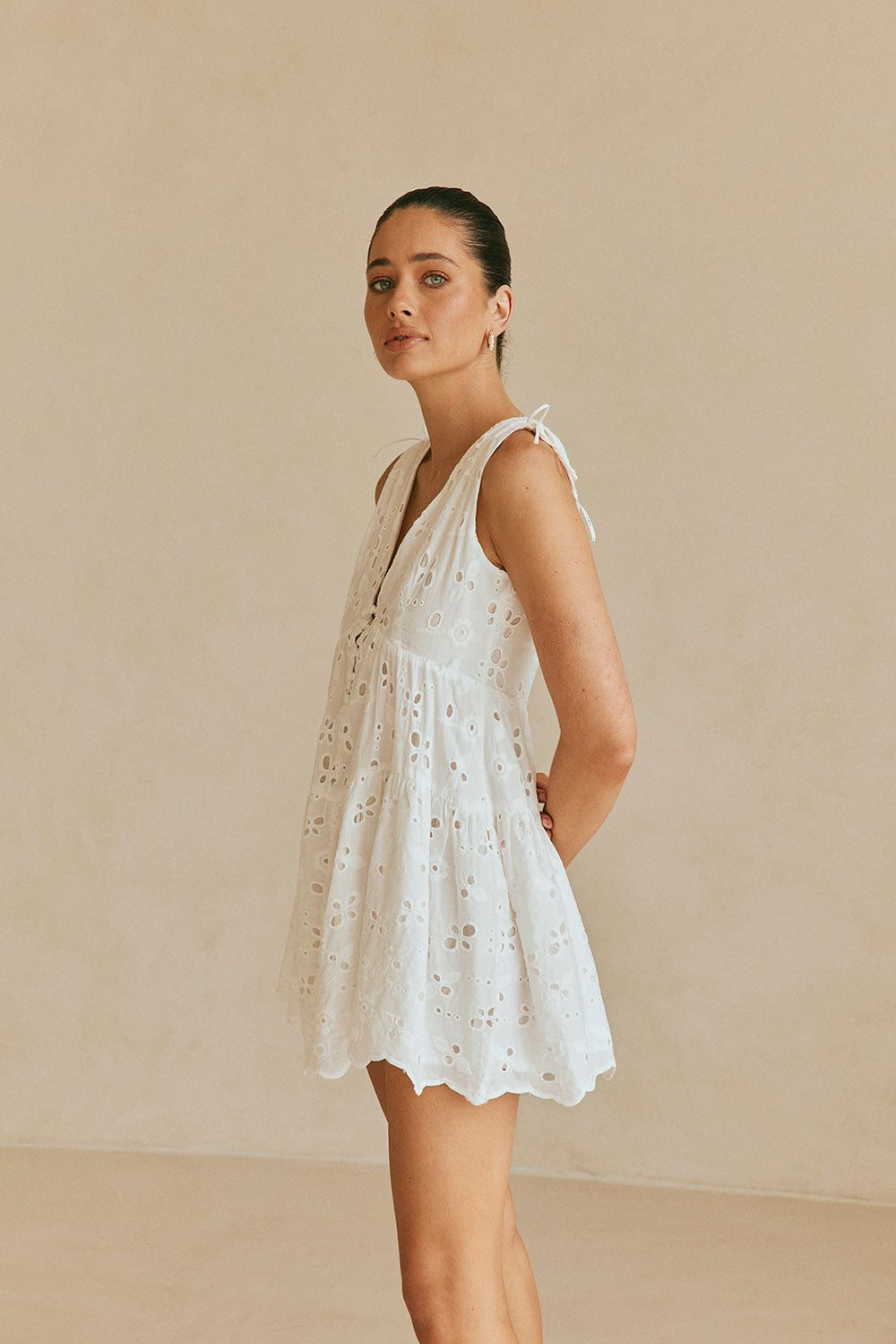 White Natural Cotton Bold Broderie Kai Relaxed Mini Dress