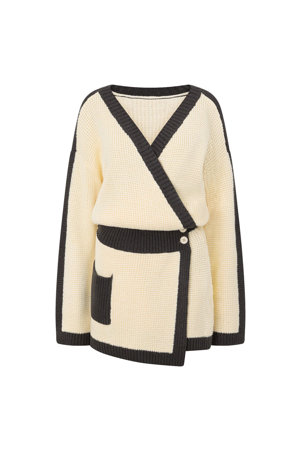 Cream-colored High-quality Natural Cotton Blend Vander Wrap Dress with Black Ribbed Trims