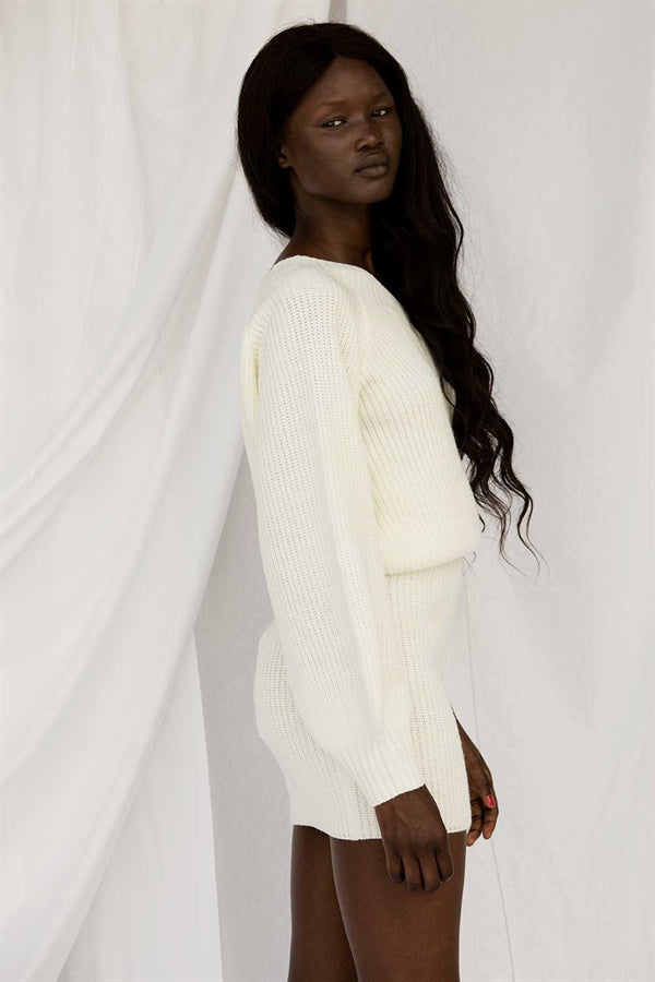 Soft Cream Ribbed One-Shoulder Long Sleeve Lucia Knit Top