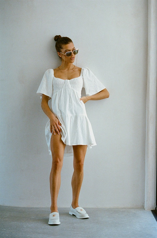 White Natural Cotton Leia Babydoll Dress with Flared Sleeves