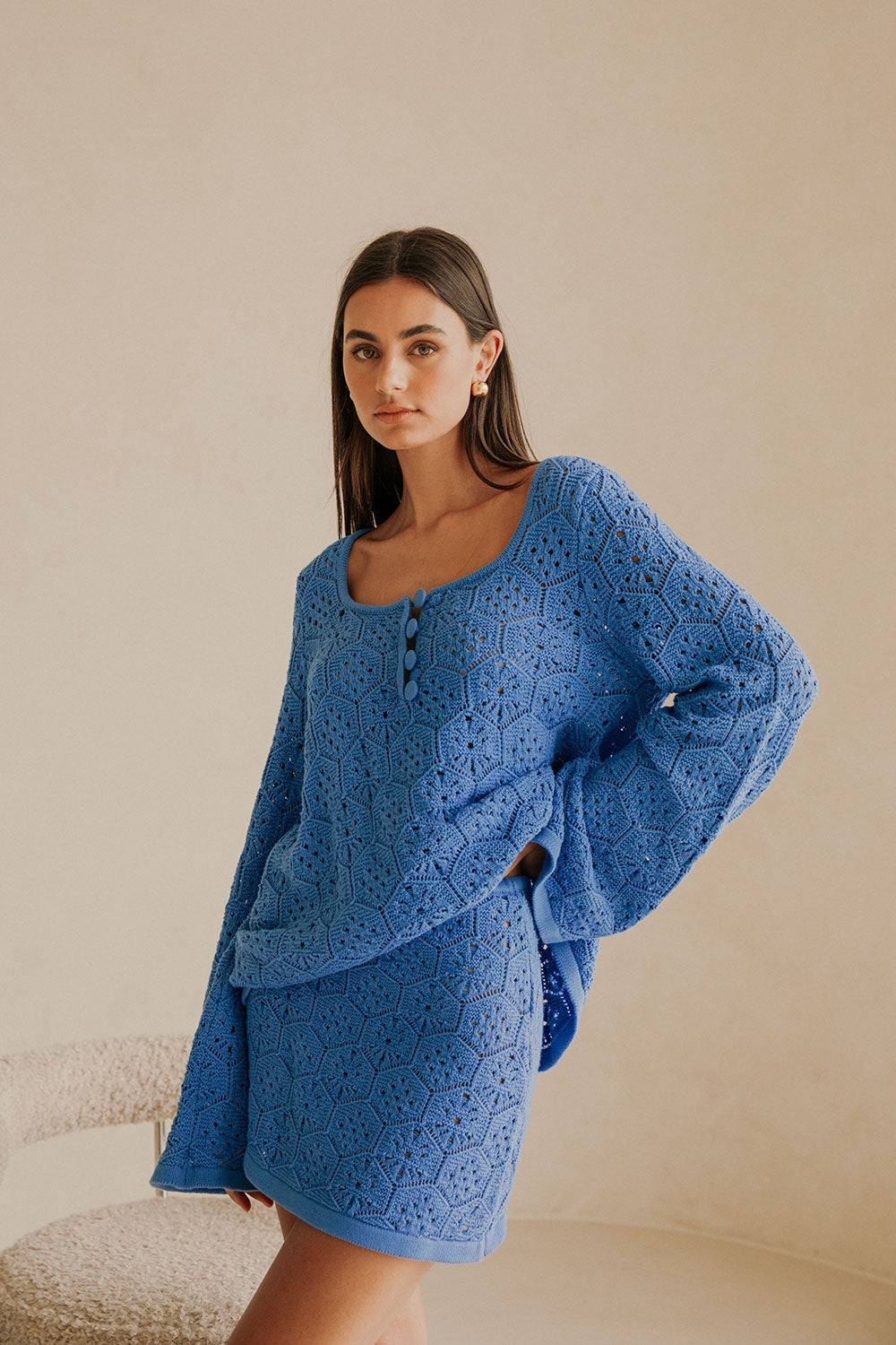 Blue Natural Cotton Diamond Knit High Waisted Mini Alivia Skirt