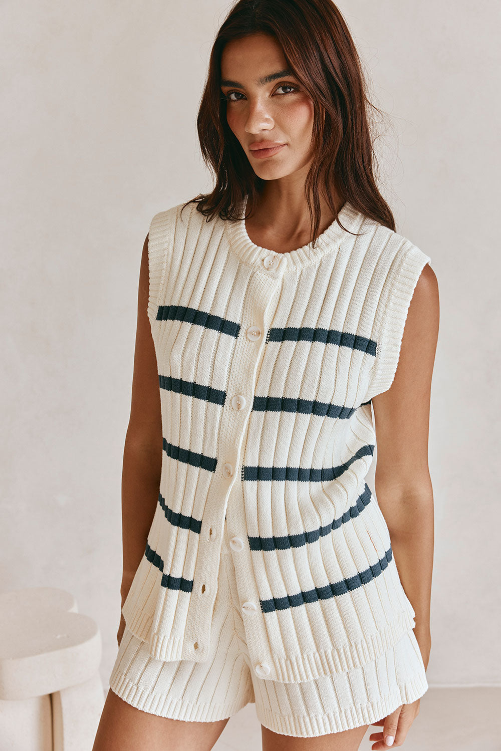 High - quality White with Navy Stripes Boxy Cotton Blend Rib Knit Depp Top