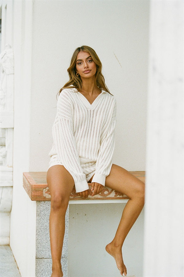 Luxurious Cream-Colored Soft Natural Lace Cotton Knit Sebby Lounge Top