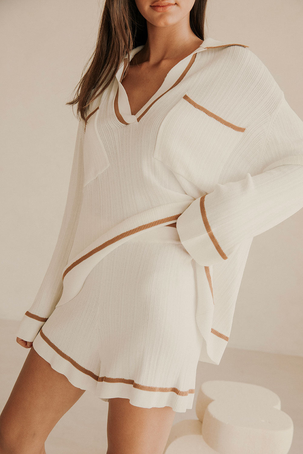 Sabo's Exclusive White Luxurious Drop Needle Rib High Waisted Adair Shorts