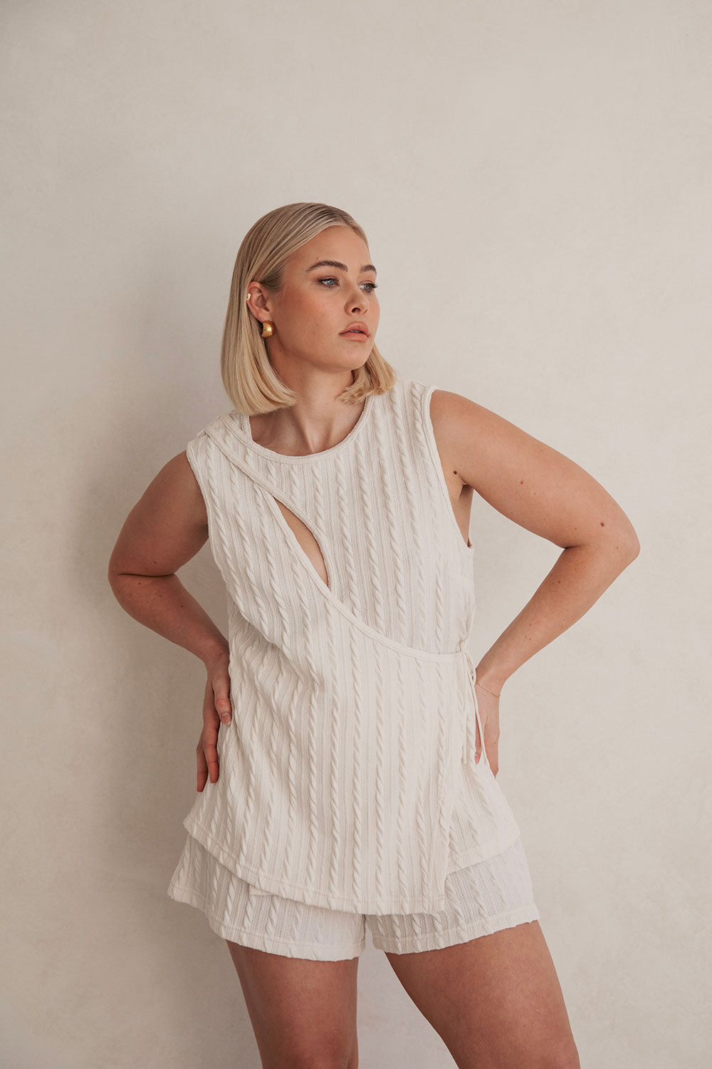 Exclusively Designed Sabo High-Waist Adjustable-Tie Cream Textured Jojo Shorts