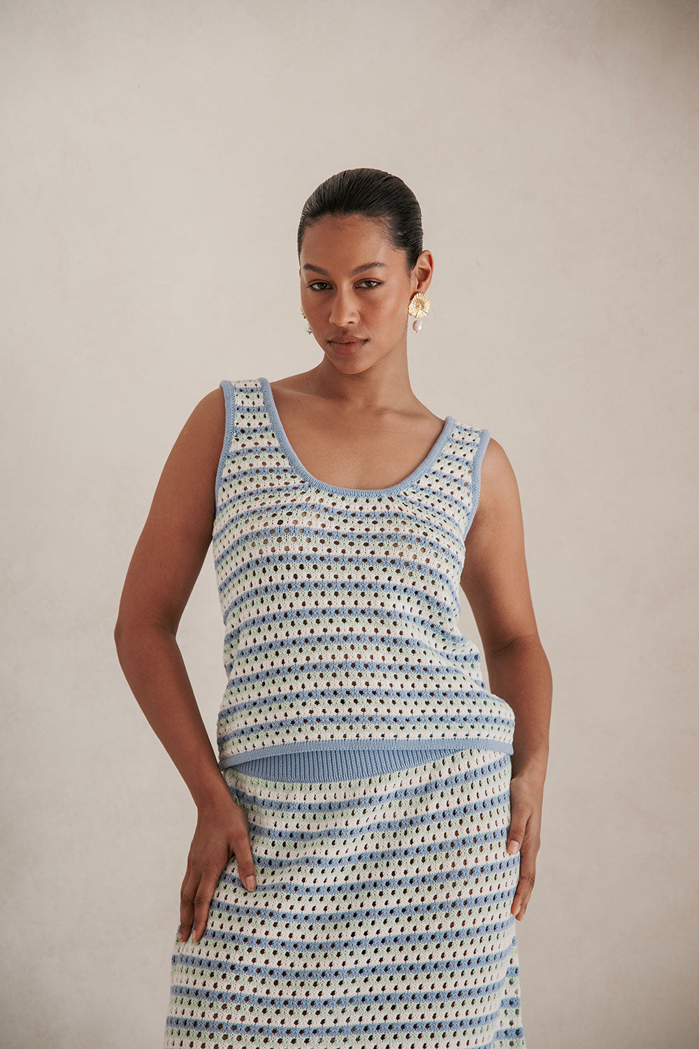 Blue Erin Knit Top with Vintage Charm and Stripe Design