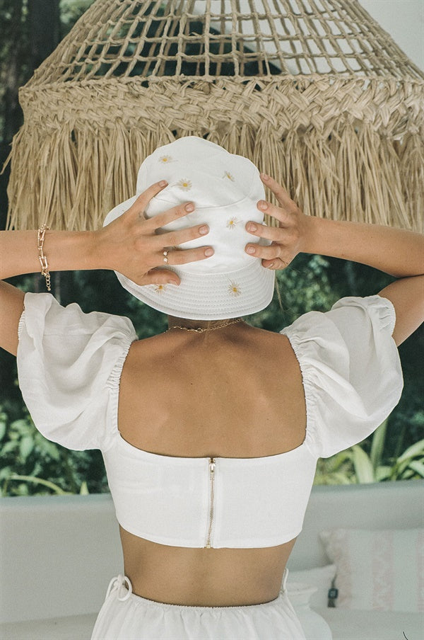 Adorable White Daisy Bucket Hat with Embroidered Flowers