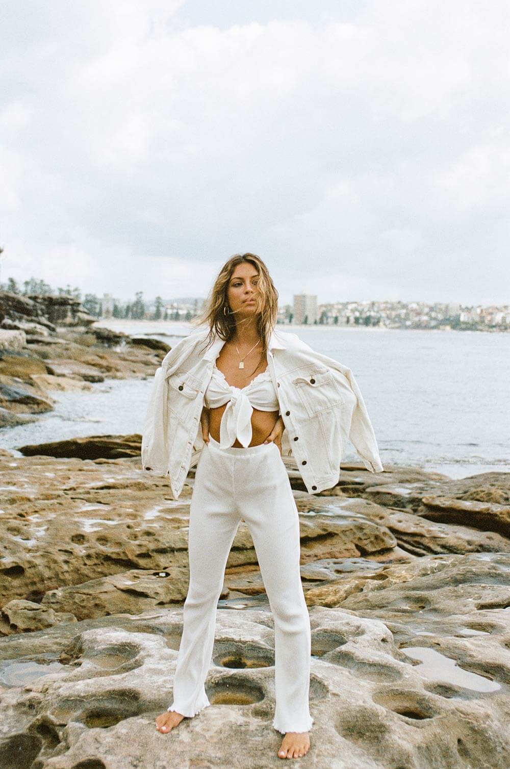 Fashionable Off - white Natural Cotton Blend Ribbed High - waisted Morena Pants