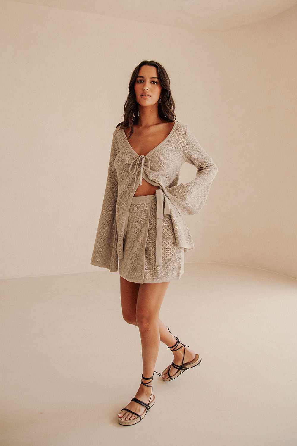 Soft Cotton Blend Taupe Baylie Top with Flared Sleeves and V Neck