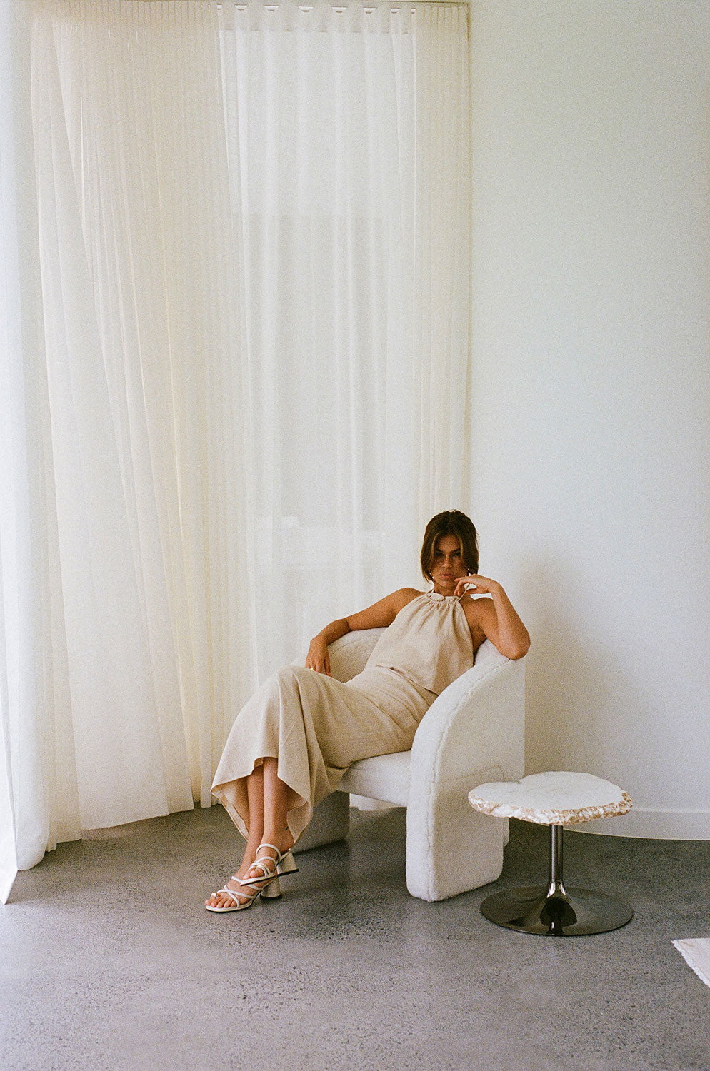 Exclusively Designed Sabo Averie Beige Linen Blend Midi Skirt with A-Line Hem