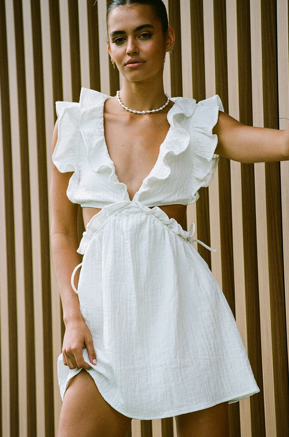Women's Off-White Natural Textured Cotton Jace Frilled Dress
