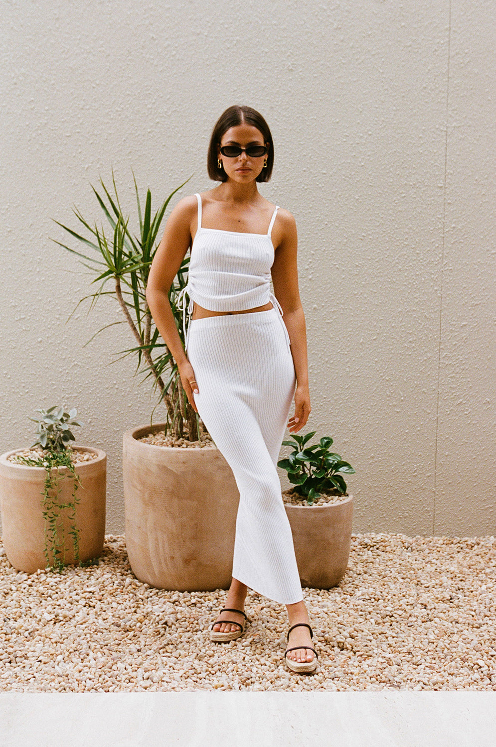 Elegant White Ribbed Knit Nolana Midi Skirt for Fashionable Women