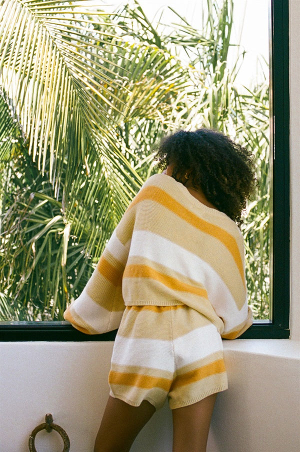 Cosy Dusty Stripe Rufio Cotton Knit Top with Puff Sleeves