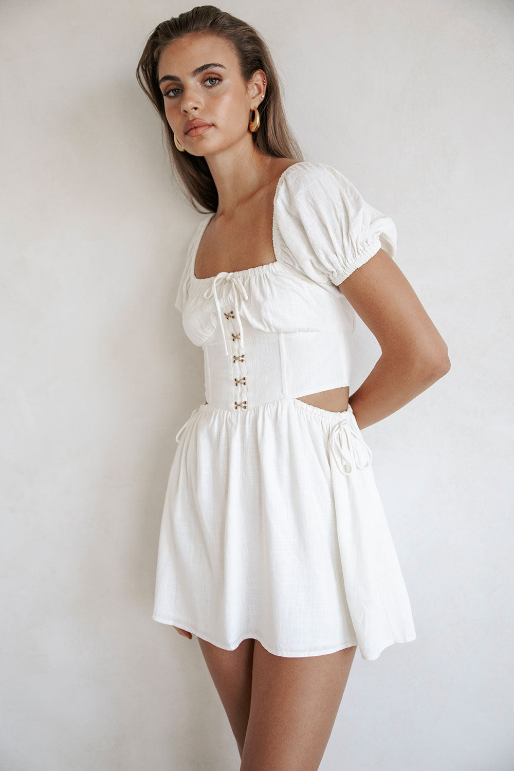 Elegant Off - White Viscose Linen Blend Mase Women's Dress