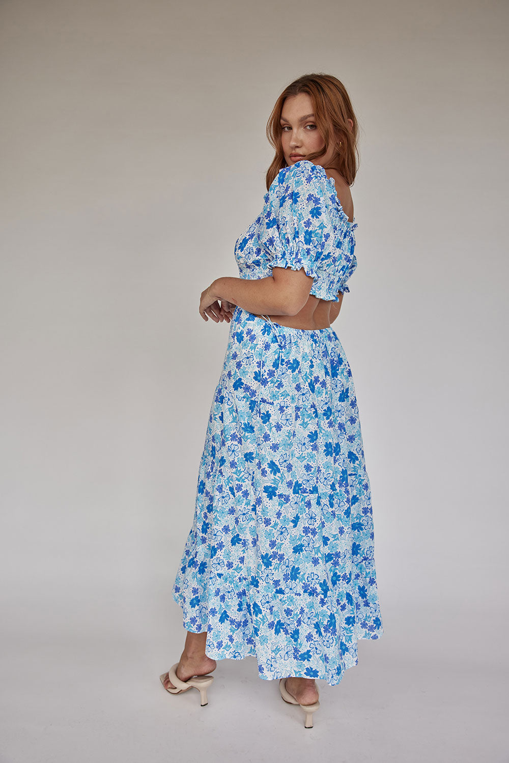 Exclusive Blue Dusk Floral Print Zara High - Quality Cotton Midi Dress