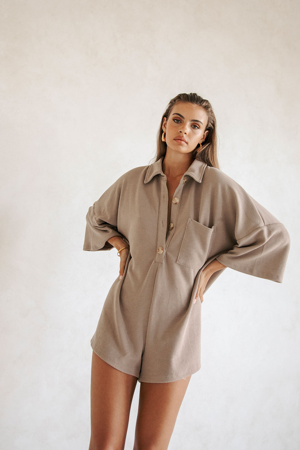 Tan Soft Ribbed Milena Playsuit for Effortless Everyday Style