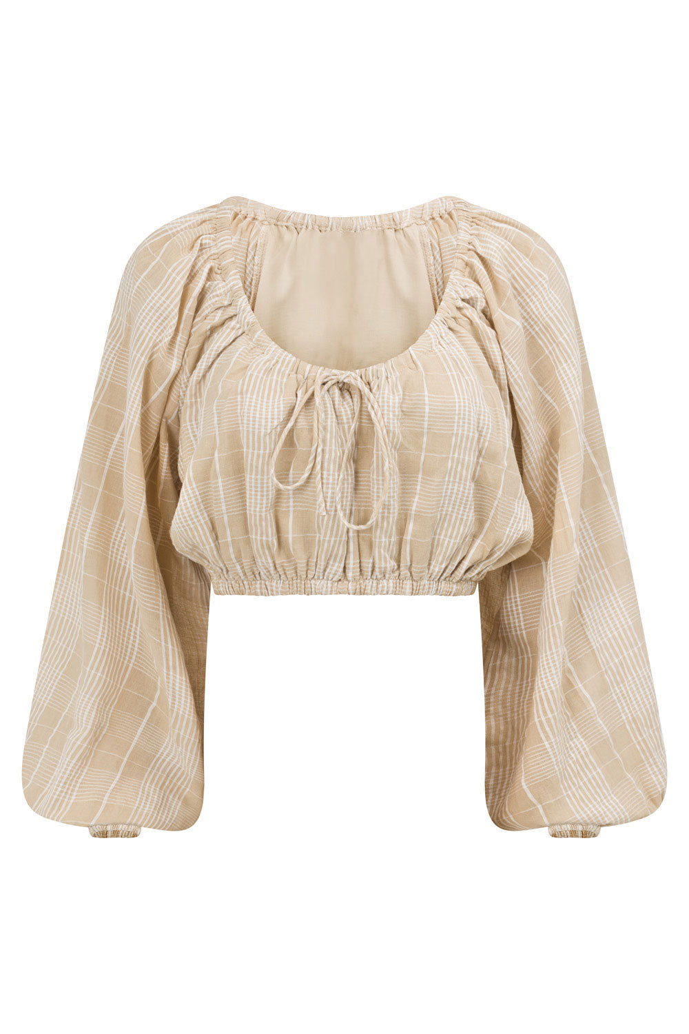Lightweight Tan White - Checked Cropped Tashka Top with Puff Sleeves