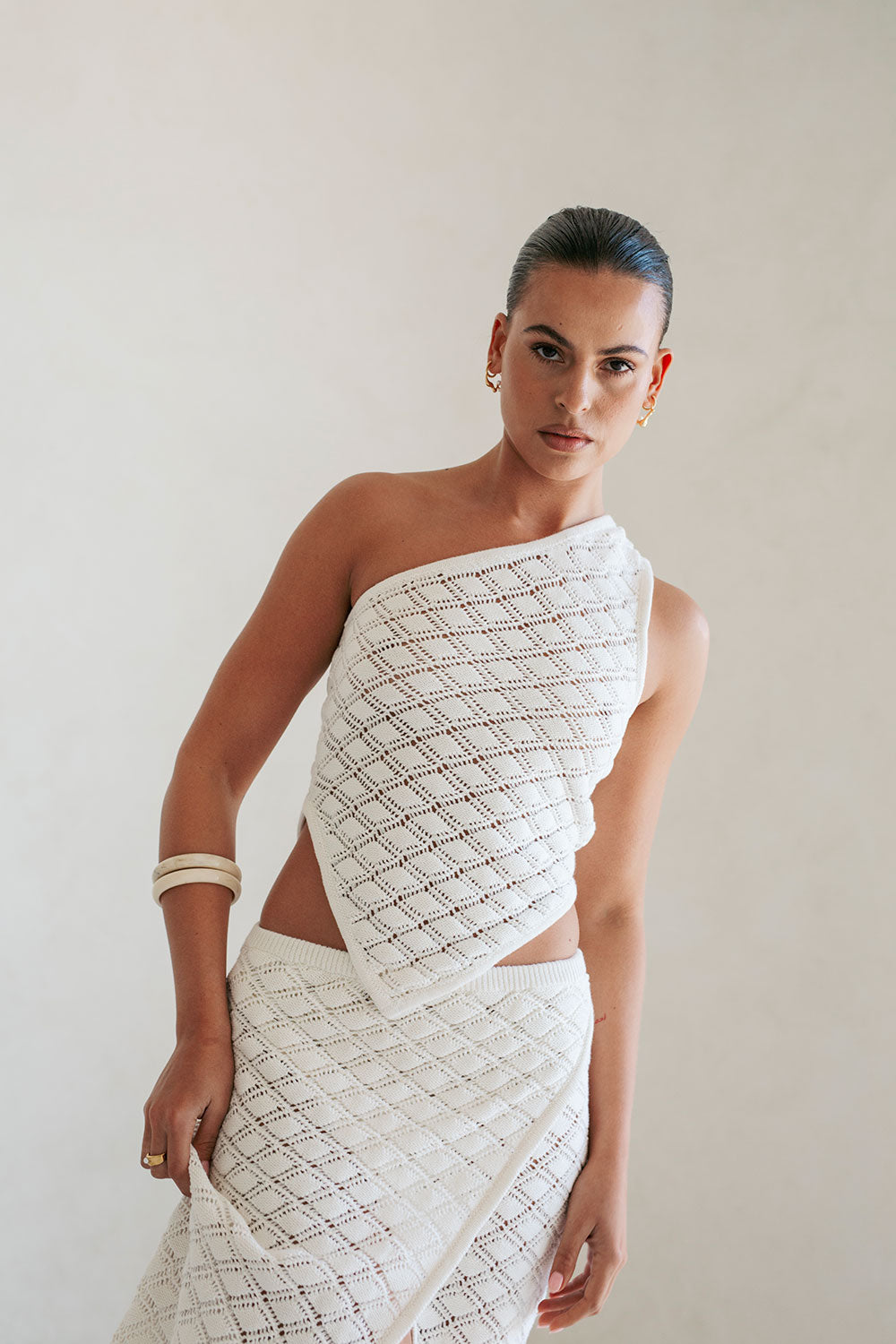 Exquisite White Natural Cotton Pointelle Knit Ria Women's Top