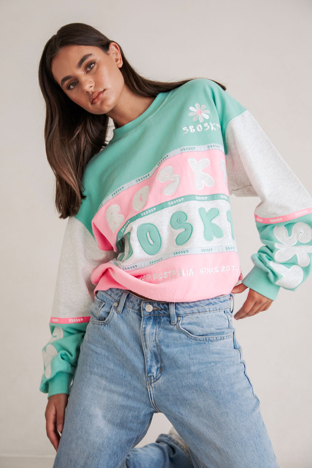 Exclusive Sabo-Designed Oversized Vintage Swisse Sweater in Marl Grey, Green & Pink