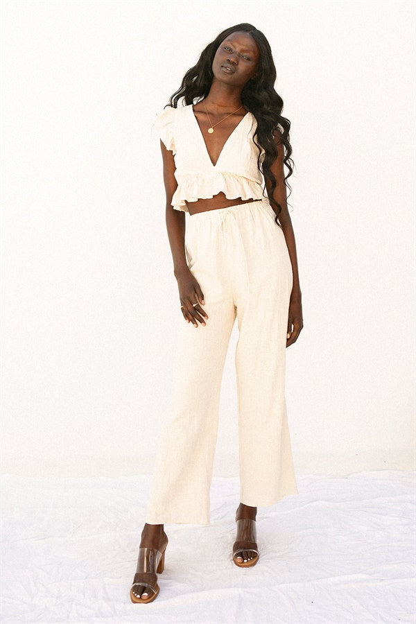 Renata Beige Natural Cotton Frilled Cropped Tank Top
