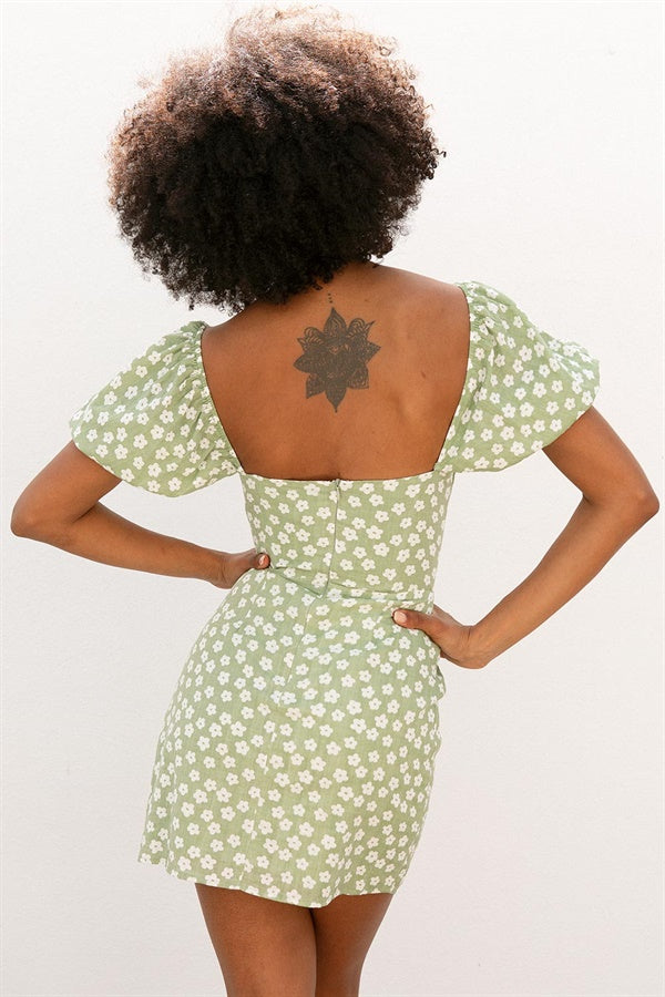 Green Floral Ariana Vacation Dress with Short Puff Sleeves