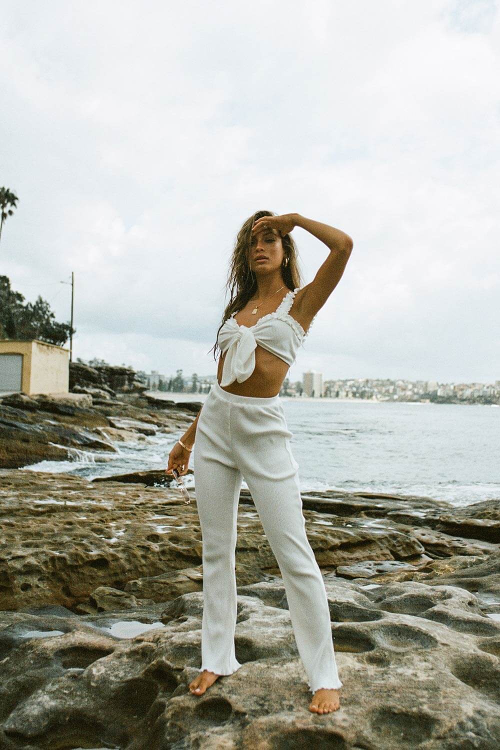 Sabo Exclusively Designed Off-White Natural Cotton Blend Ribbed Cropped Morena Women's Top